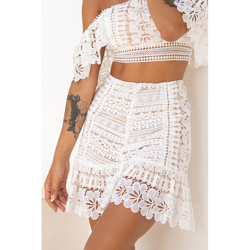 Tallulah Ruffle Hem Crochet Skirt White