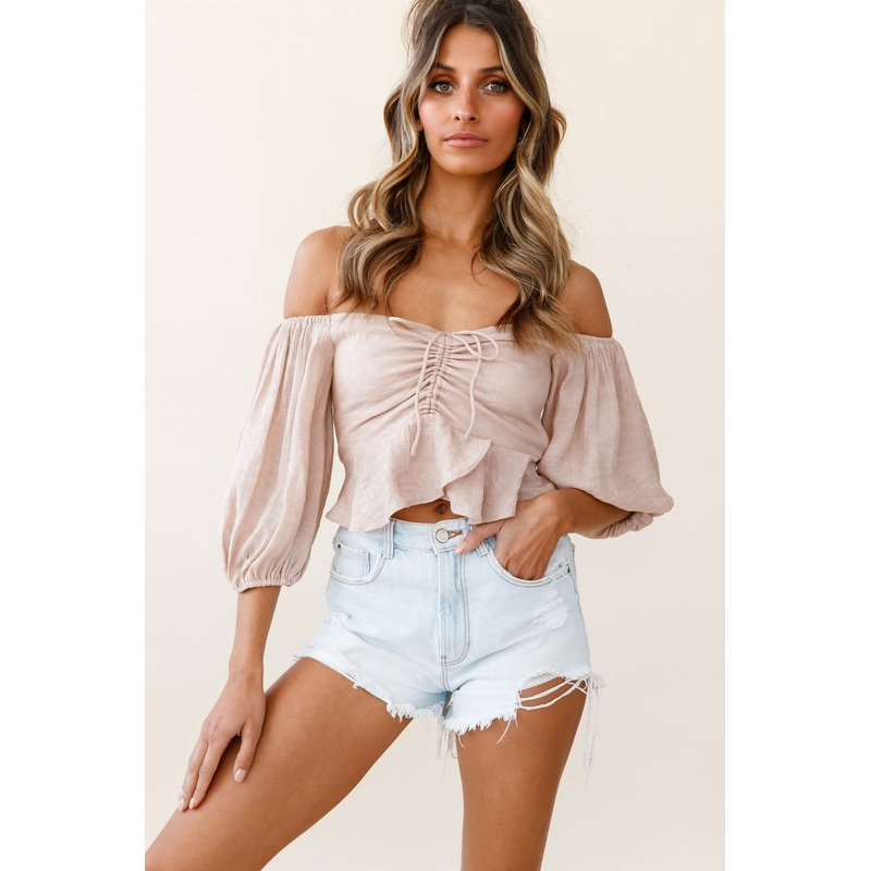 Avaline Balloon Sleeve Ruched Bust Bardot Top Beige