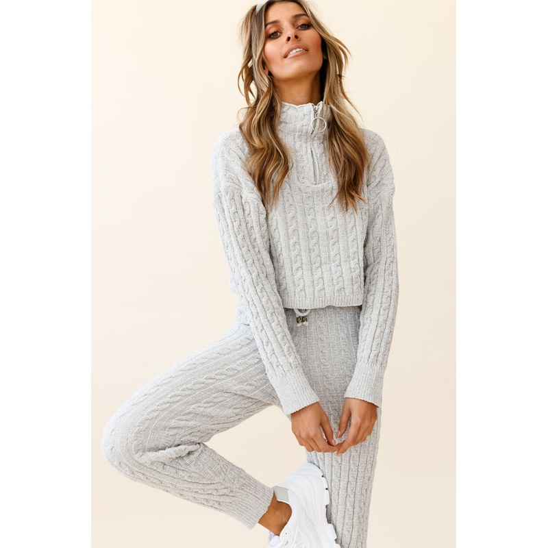 Breckenridge O-ring Zipper Cable Knit Sweater Grey