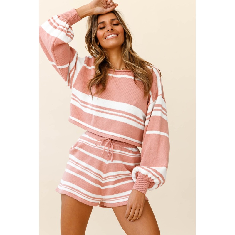Carlo Long Balloon Sleeve Crop Top Striped Pattern Blush