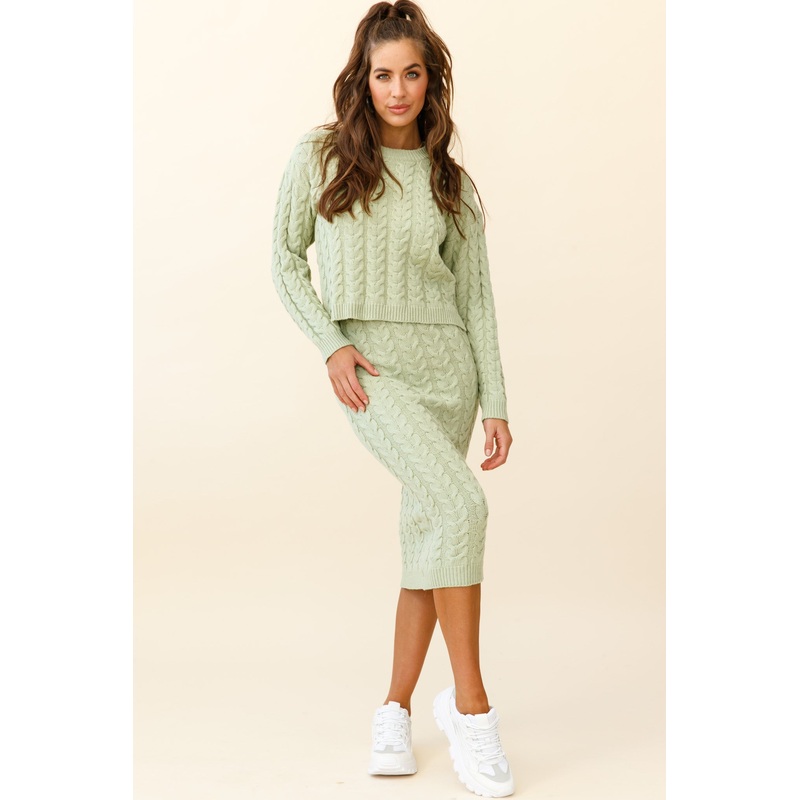 Cozy Up Cable Knit Midi Skirt Green