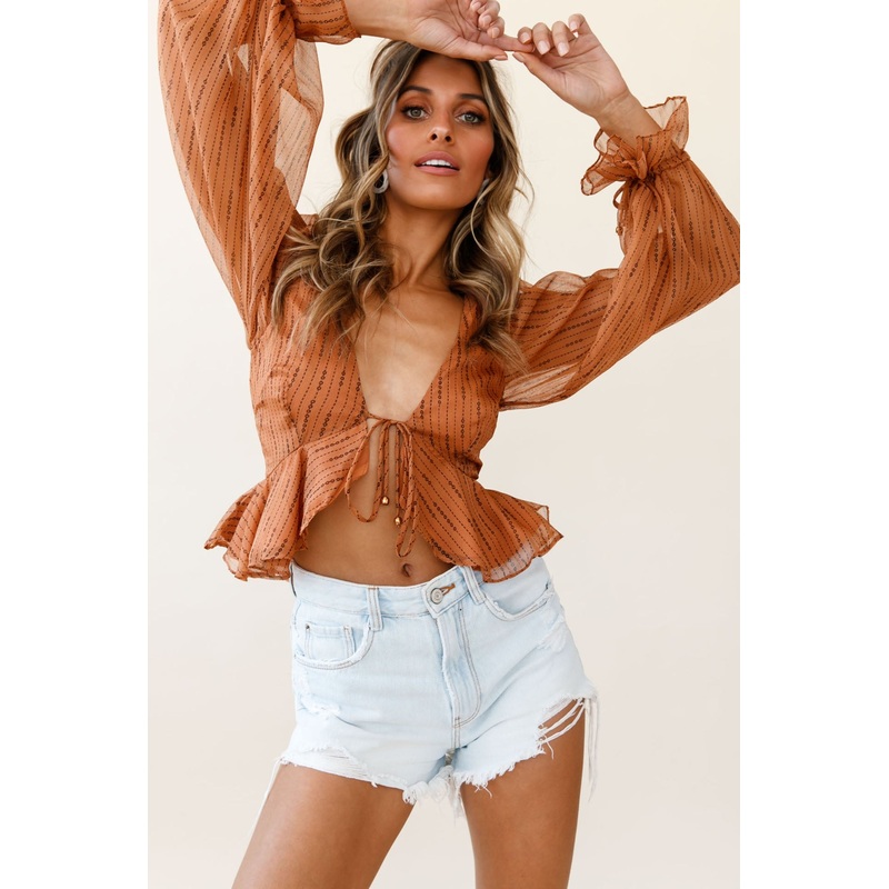 Darla Tie Front Balloon Sleeve Top Stripe Pattern Tan