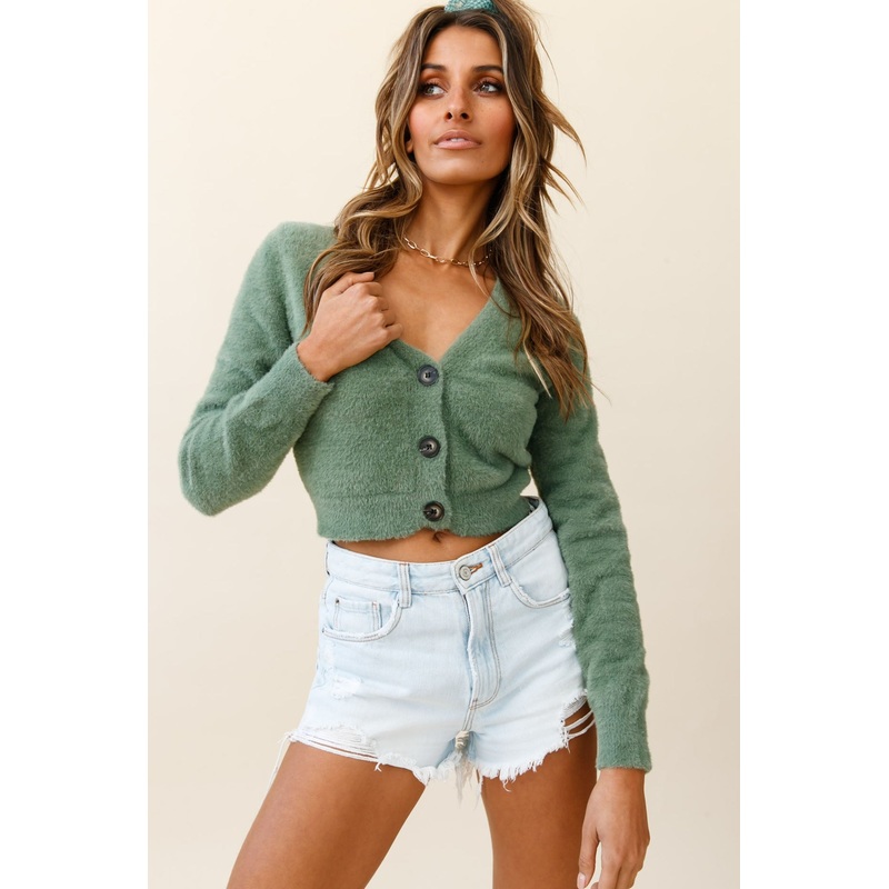 Dusky Nights Fuzzy Knit Cardigan Sage