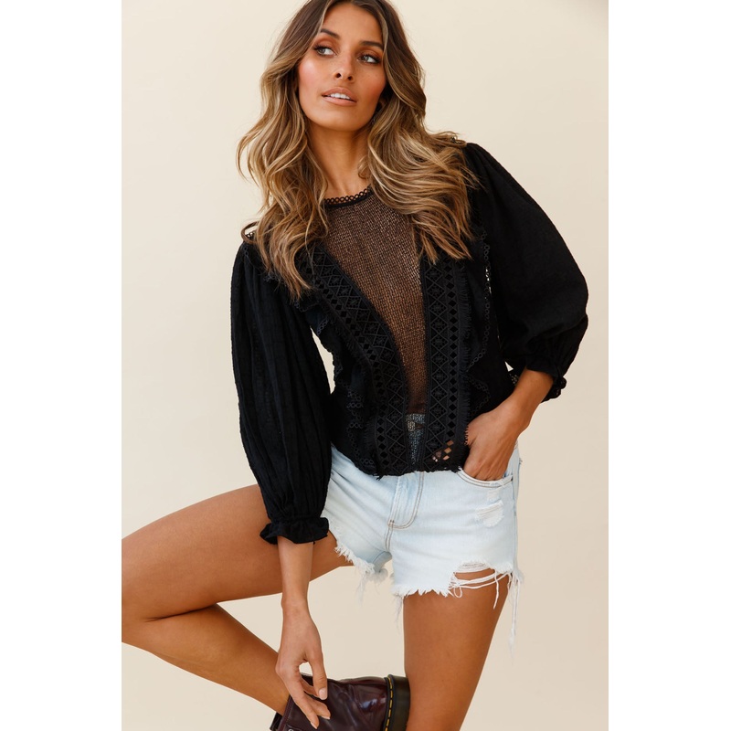 Festival Lights Puff Sleeve Textured Trim Detail Top Black