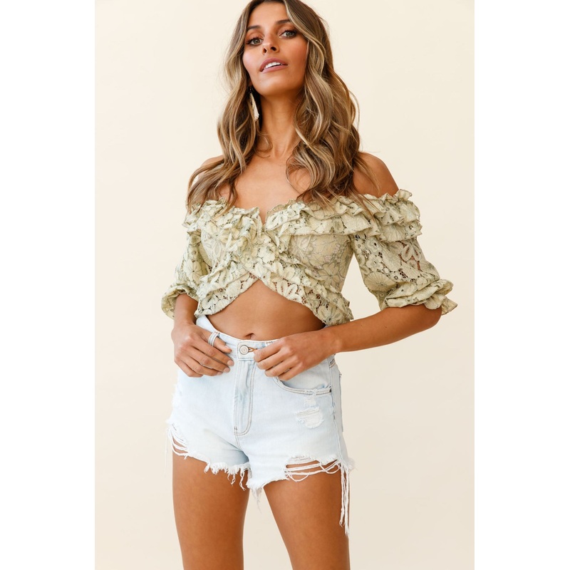 Rosarito Balloon Sleeve Halterneck Lace Crop Top Beige/Olive