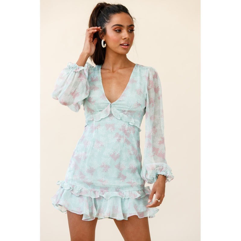 Amarantha Sheer Balloon Sleeve Frill Trim Dress Floral Print Mint