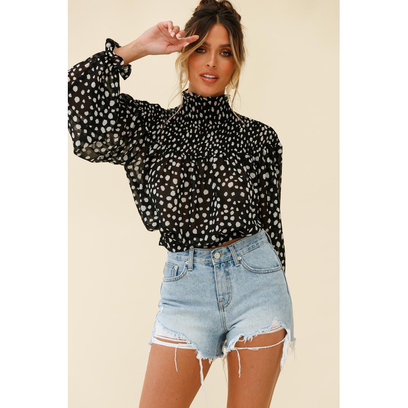 Sparrow High Neck Shirred Blouse Spot Print Black