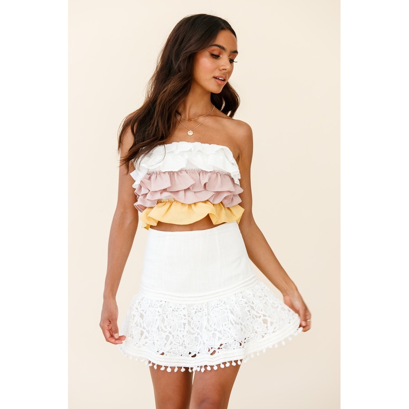 Adrielle Lace Detail Fluted Hem Mini Skirt White
