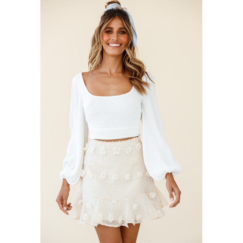 Savannah Floral Embellished Flounce Hem Mini Skirt Beige