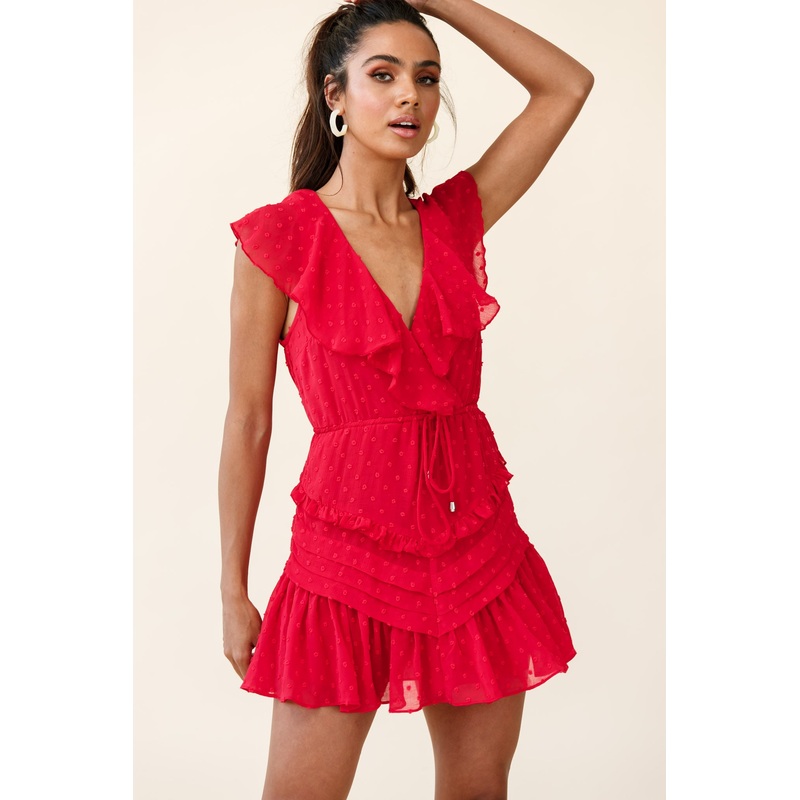 Willah Pintuck And Frill Detail Drawstring Dress Red Textured