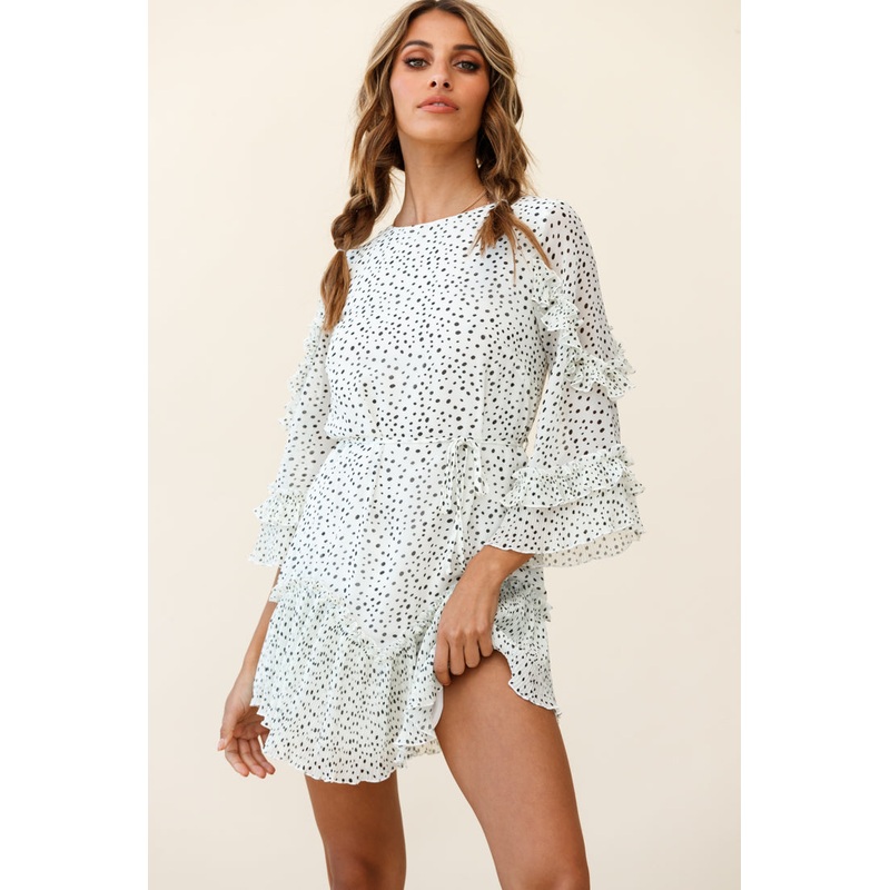 Yours Sincerely Three-Quarter Sleeve Accordion Pleat Dress Speckle Print White