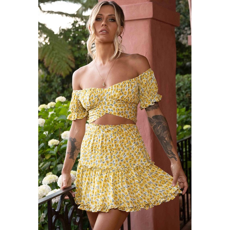 Alexi Frill Trim Mini Skirt Sunflower Print Yellow