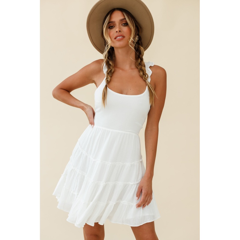 Allegra Fluted Hem Lace-Up Back Dress White