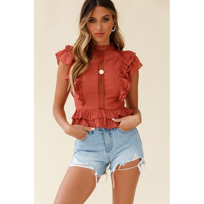 Oakland High Neck Ruffle Detail Top Rust
