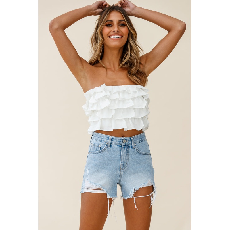 Talulah Layered Ruffle Lace-Up Back Crop Top White