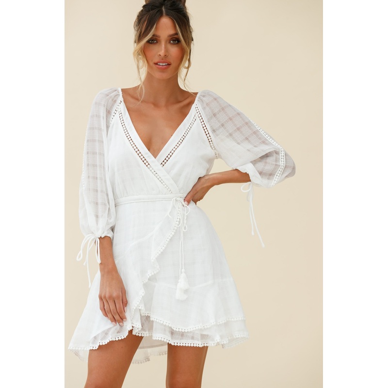 Wilde Balloon Sleeve Crochet Trim Dress White