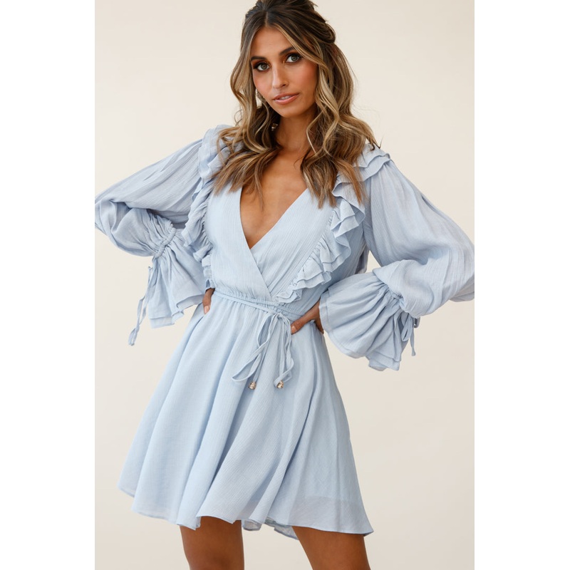 Adina Fluted Long Sleeve Frill Detail Dress Grey