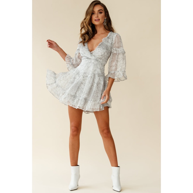 Albany Lace Up Back Frill Dress Chrysanthemum Print Grey