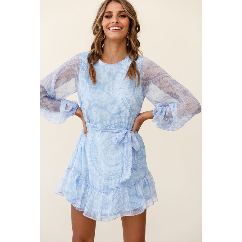 Always & Forever Long Balloon Sleeve Crew Neck Dress Paisley Print Blue