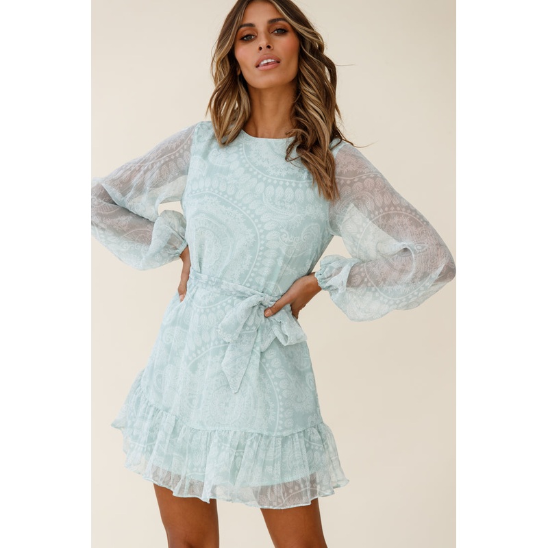 Always & Forever Long Balloon Sleeve Crew Neck Dress Paisley Print Mint