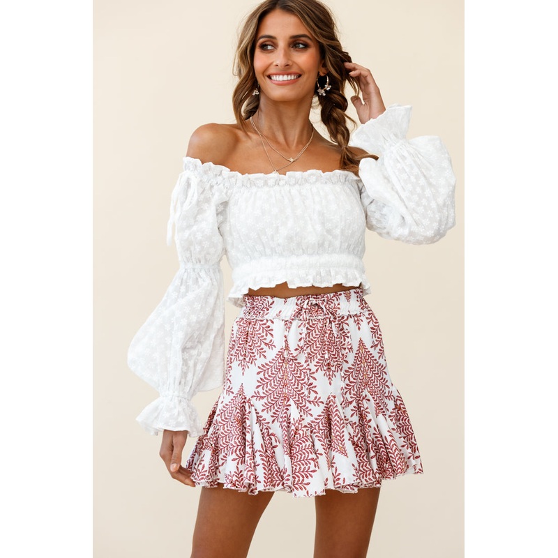 Robyn Flounce Mini Skirt Leaf Pattern White