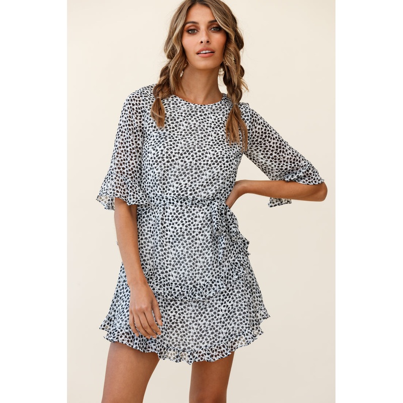 Wife Me Crew Neck Ruffle Insert Dress Polka Dot Black