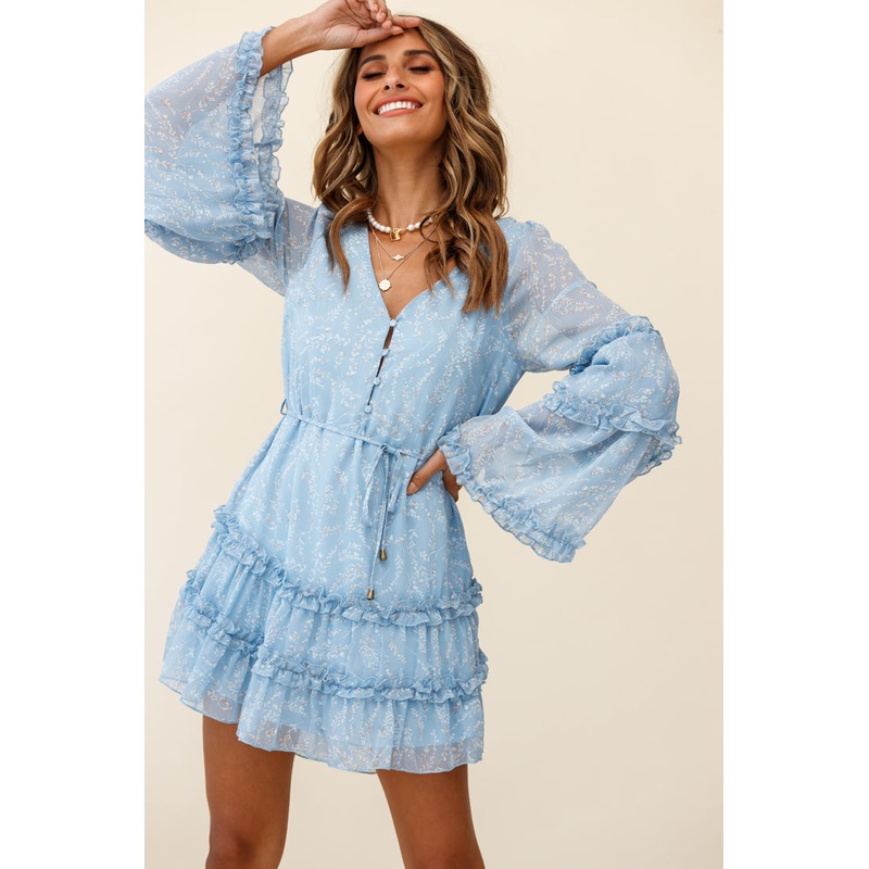 Winslet Long Sleeve Placket Bust Frill Detail Dress Floral Print Blue