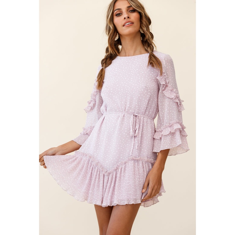 Yours Sincerely Three-Quarter Sleeve Accordion Pleat Dress Speckle Print Pink