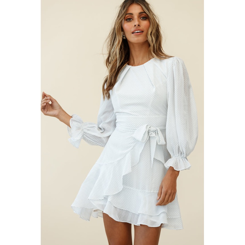 Agnes Long Sleeve Pleat Detail Dress White