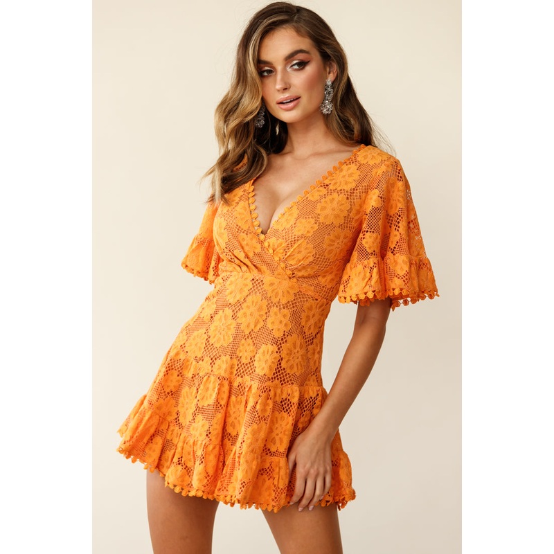 Alaia Short Fluted Sleeve Crochet Lace Dress Sunset