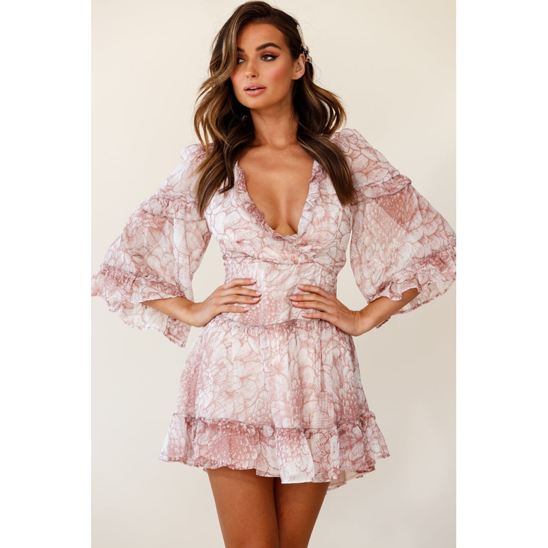 Albany Lace Up Back Frill Dress Flower Print Nude