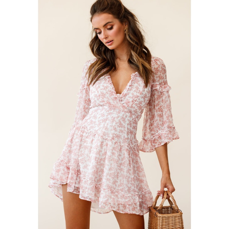 Albany Lace Up Back Frill Dress Tiny Floral Print Pink
