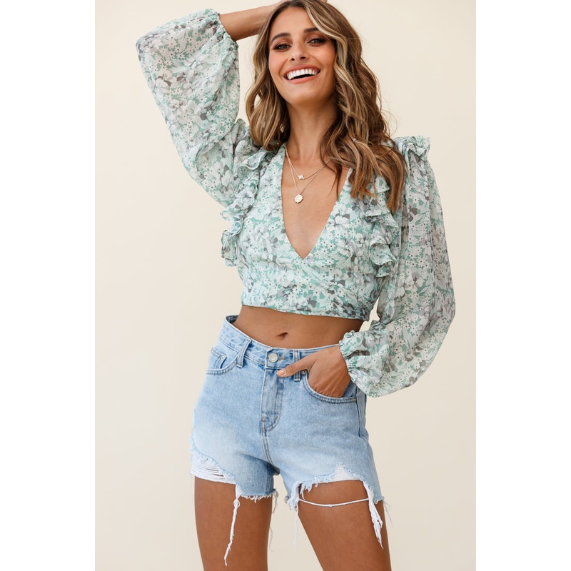 Hello, Dolly! Long Sleeve Waist Tie Crop Top Floral Print Green