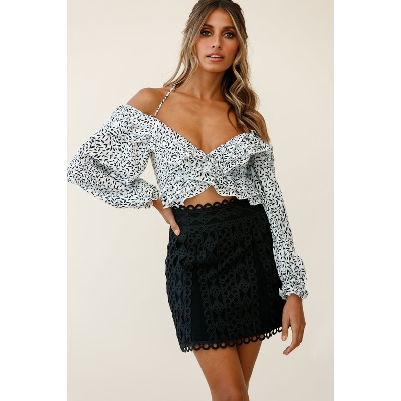 Rosarito Long Balloon Sleeve Halterneck Crop Top Leaf Print White