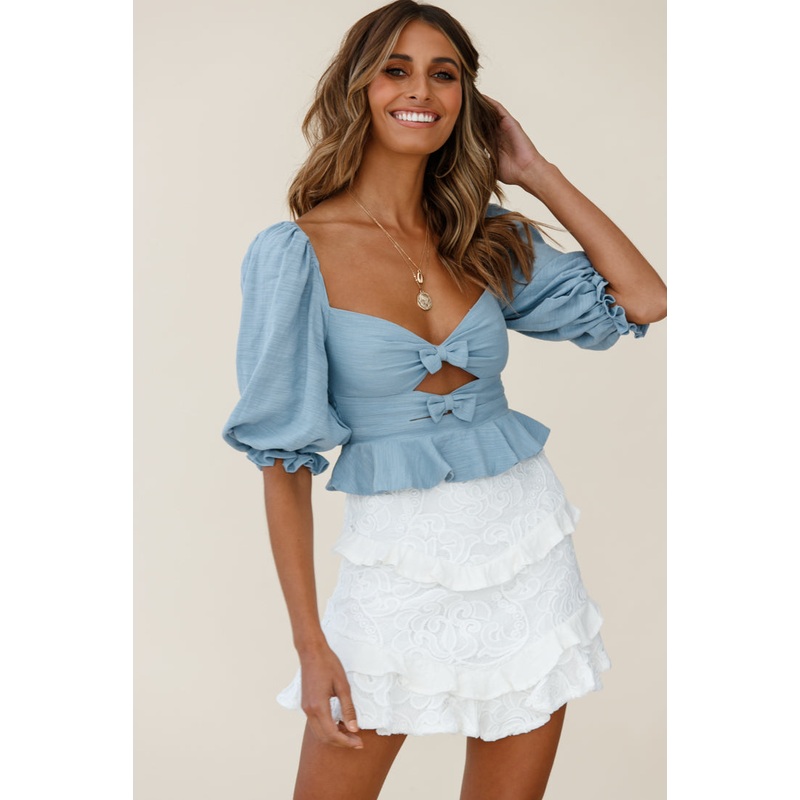 Sweet Dreams Puff Sleeve Bow Detail Crop Top Blue