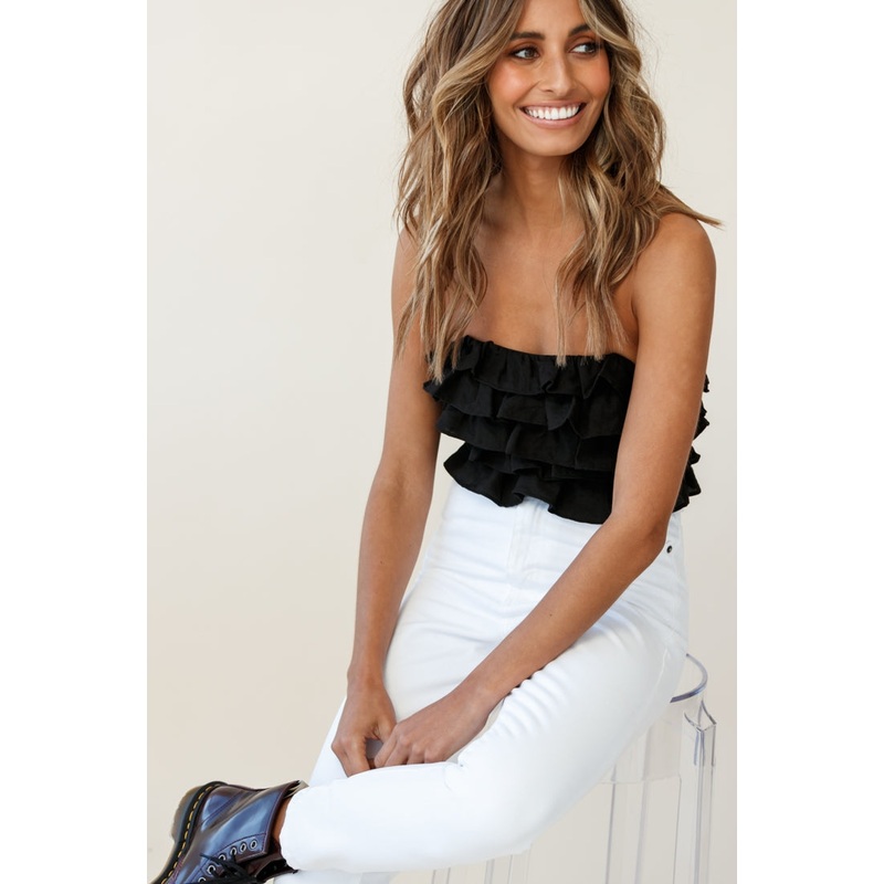 Talulah Layered Ruffle Lace-Up Back Crop Top Black