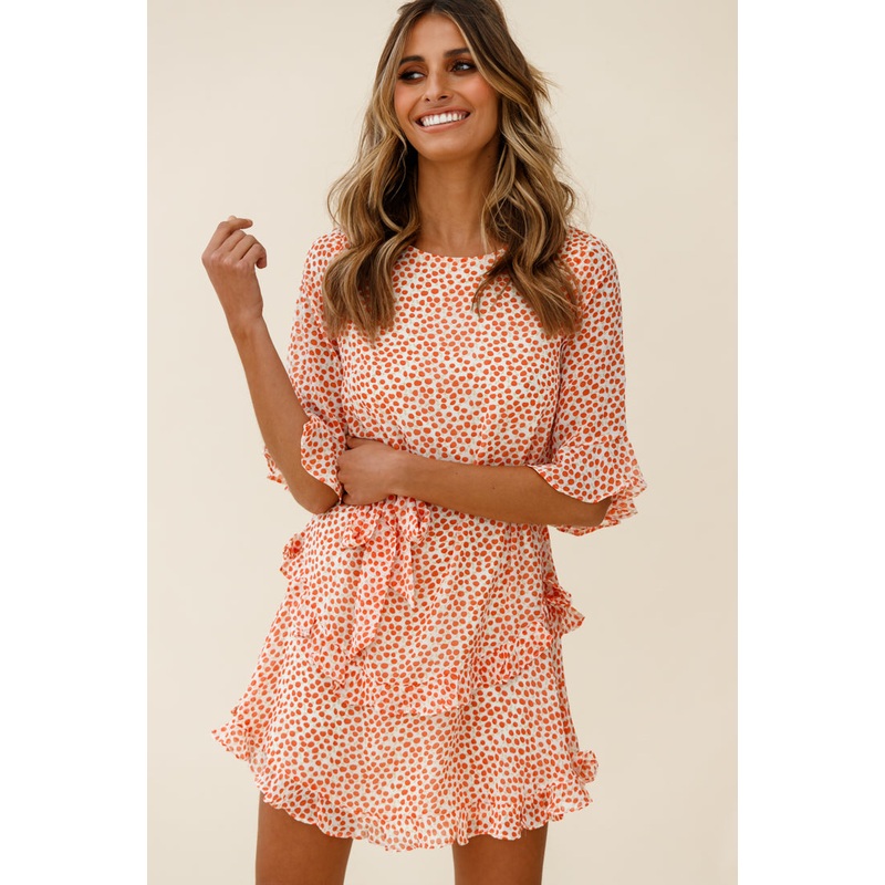 Wife Me Crew Neck Ruffle Insert Dress Polka Dot Orange