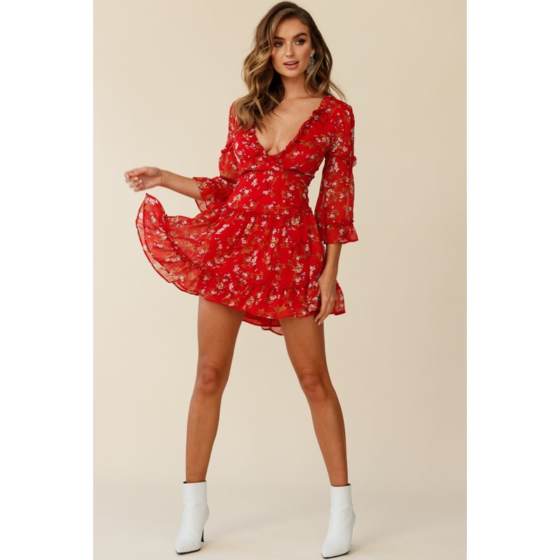 Albany Bell Sleeve Frill Dress Floral Print Red