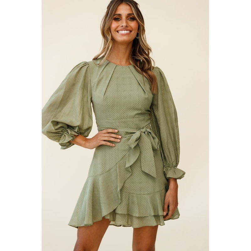 Agnes Long Sleeve Pleat Detail Dress Olive