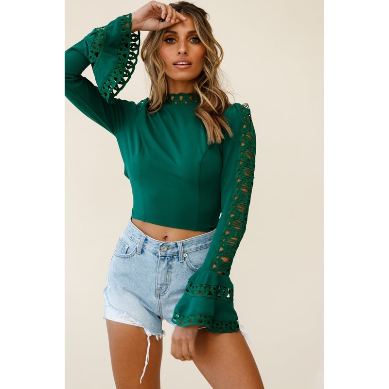 Jules Long Sleeve Flared Cuff Backless Top Forest Green