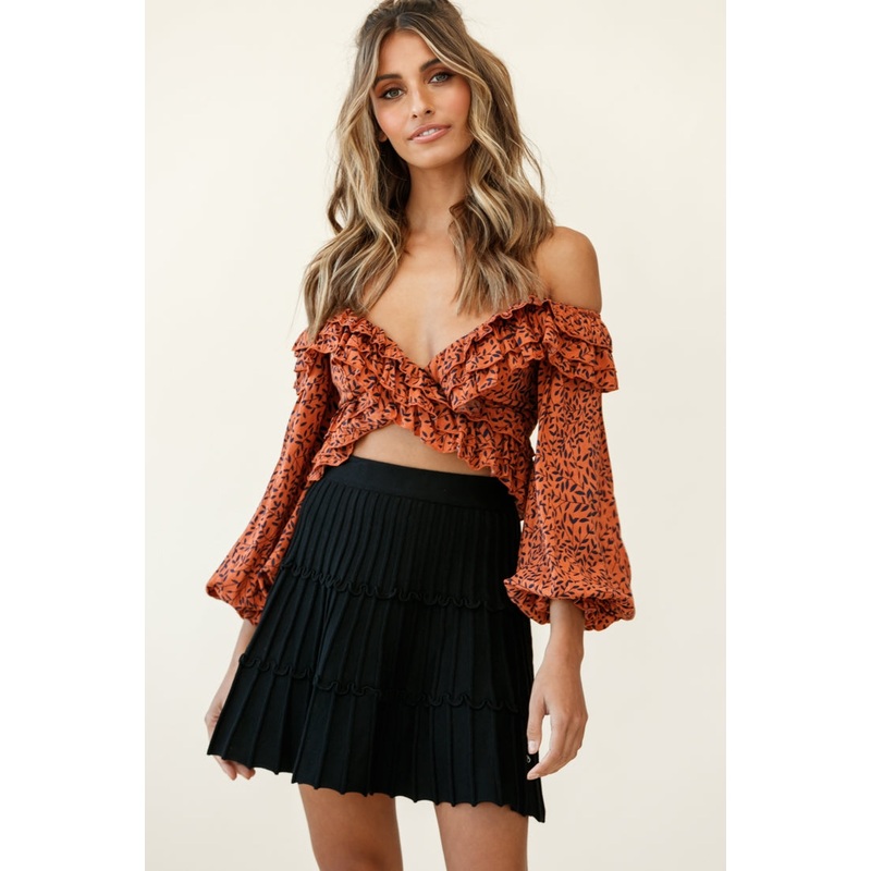 Rosarito Long Balloon Sleeve Halterneck Crop Top Leaf Print Tan