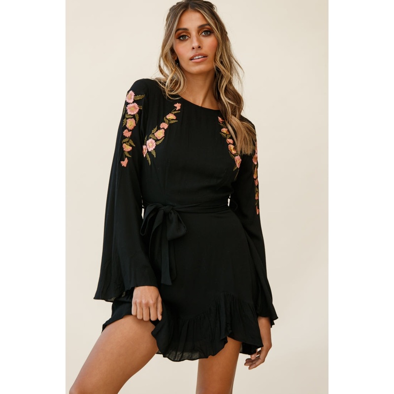 Yara Floral Embellished Fit and Flare Dress Black