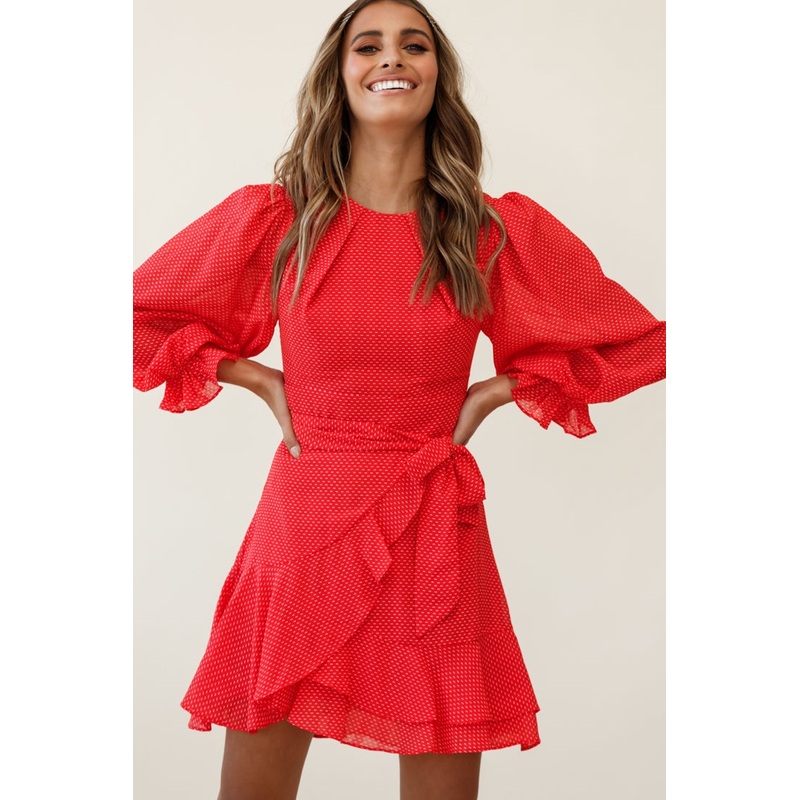 Agnes Long Sleeve Pleat Detail Dress Red