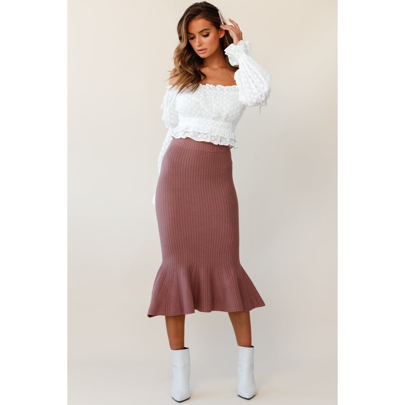 Shalon Ribbed Knit Fluted Hem Midi Skirt Antique Rose