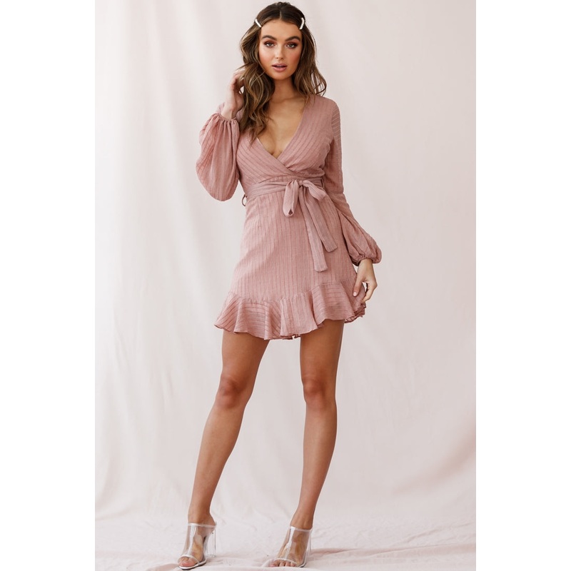 Adelaide Long Balloon Sleeve Wrap Dress Rose
