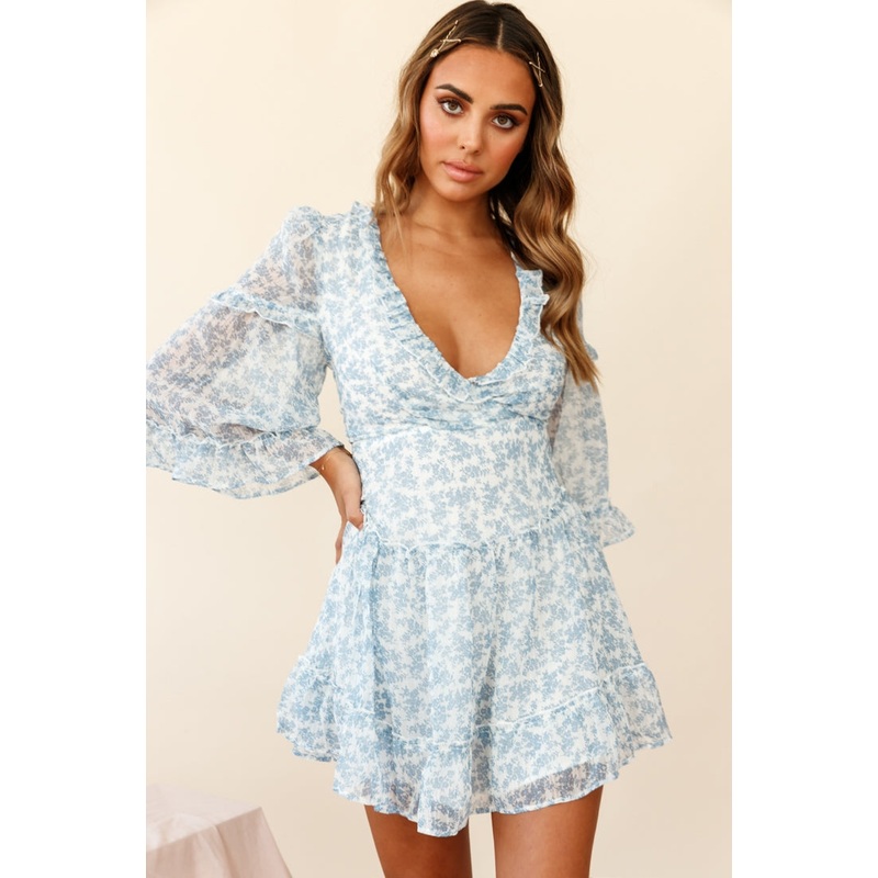 Albany Lace Up Back Frill Dress Floral Print Blue
