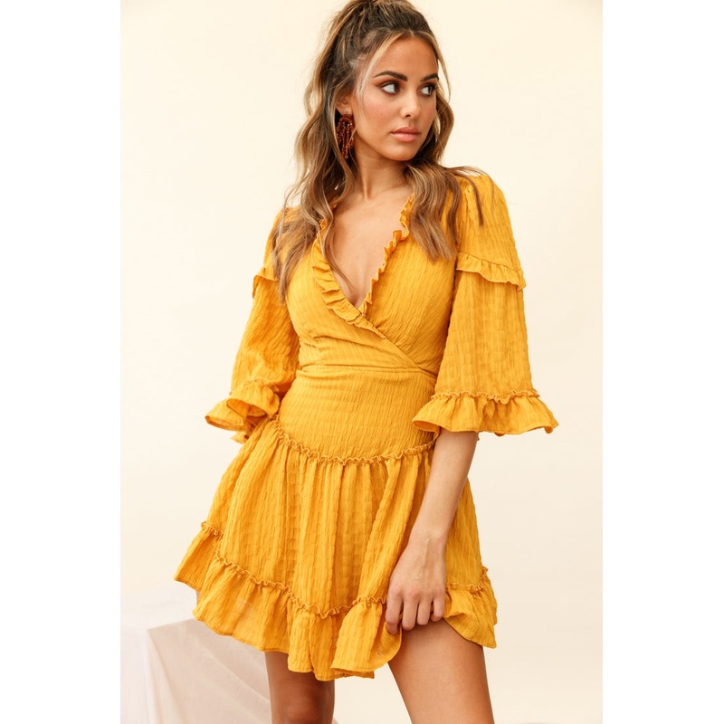 Albany Lace Up Back Frill Dress Shirred Mustard