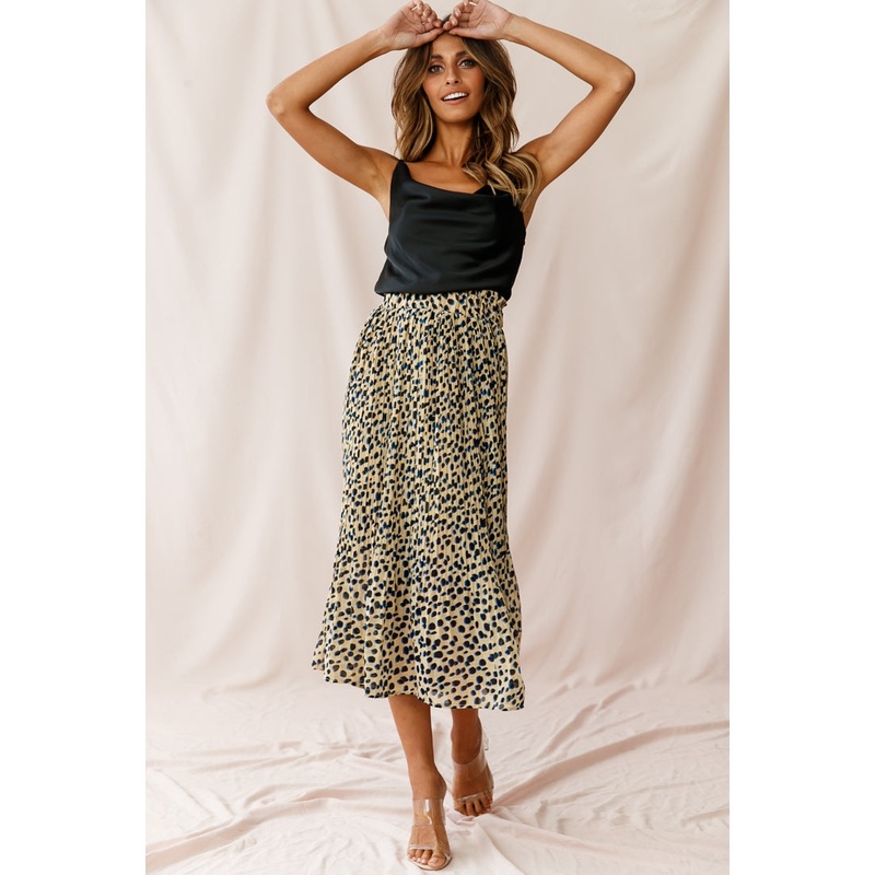Caroline Accordion Pleat Midi Skirt Animal Print Beige