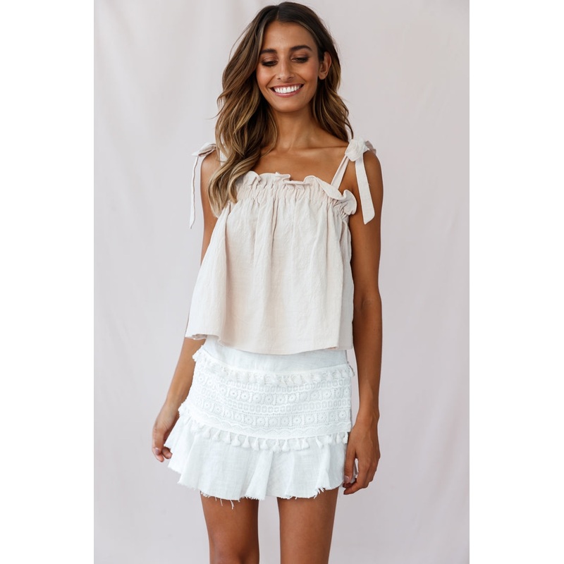 Journey Tied Shoulder Elasticated Neckline Top Beige