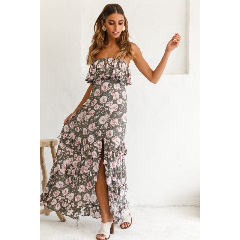 Zulu Frill Bust Front Split Maxi Dress Floral Print Olive